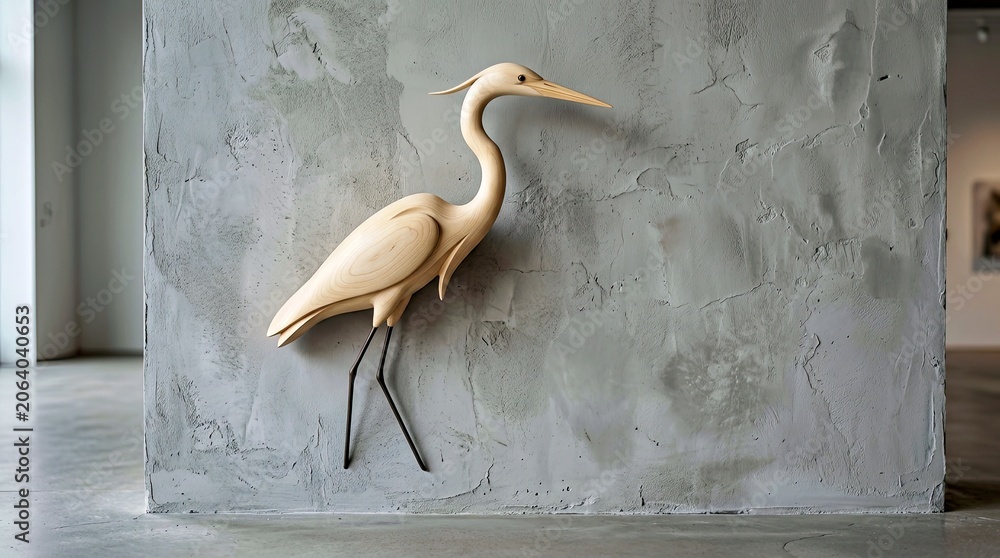 Fototapeta premium Wooden Crane Sculpture on Grey Concrete Wall