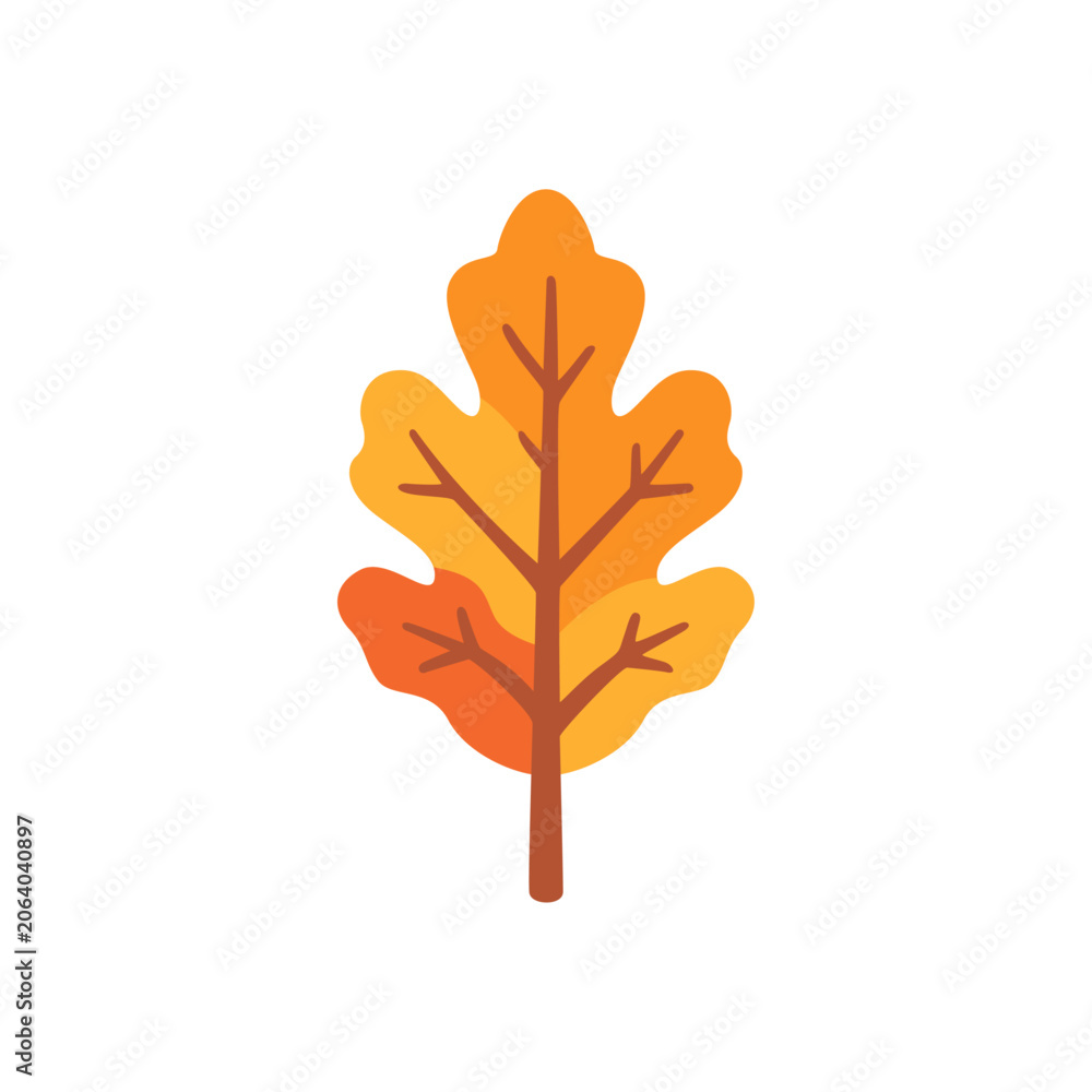 Fototapeta premium Orange oak leaf with rounded lobes, central stem, and visible veins, autumn foliage element for fall season, woodland nature, forest, harvest, and seasonal design, colorful illustration