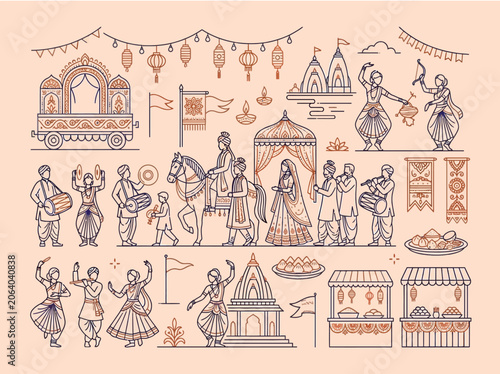 Schilderij op canvas Traditional Indian wedding festival line art illustration