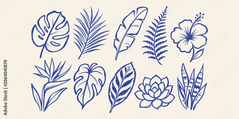 Obraz premium tropical leaves and exotic botanical plant doodle icon set with monstera palm banana leaf fern and succulent vector illustration