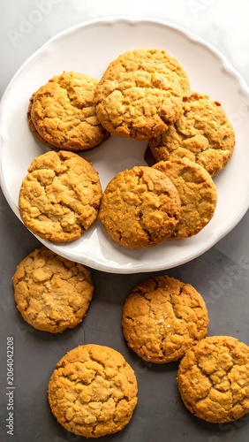 Golden Crunchy Cookies Arranged on White Plate Over Gray Surface