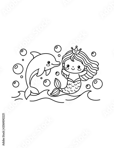 Cute Baby Mermaid coloring pages for kids. Trace and color baby mermaid. Isolated on white background. Mermaid worksheets for kids activity printable. Cartoon mermaid clip art vector.
