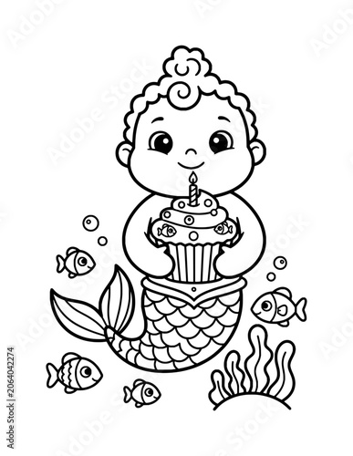 Cute Baby Mermaid Coloring Page – Printable Black and White Outline Educational Worksheet for Kids