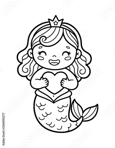 Cute Baby Mermaid Coloring Page – Printable Black and White Outline Educational Worksheet for Kids