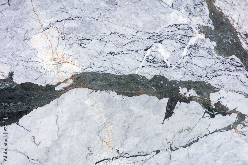 Fototapeta premium Close view of a marble surface showing white, gray, and black patterns with lines and veins