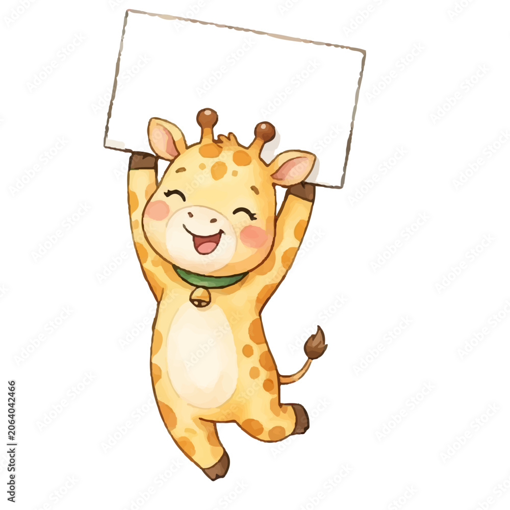 Obraz premium Funny cartoon girraffe holding a blank sign with a happy smile