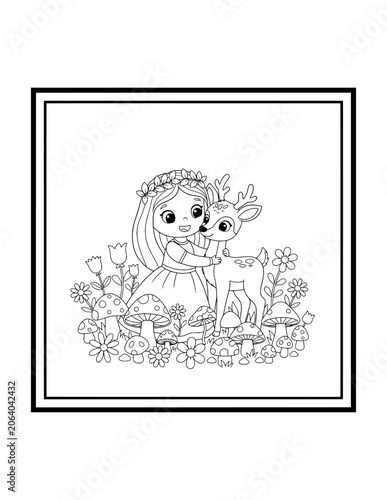 Cute Woodland Princess Hugging a Friendly Deer Coloring Page for Kids. Simple Princess and Animal Outline Illustration for Children.