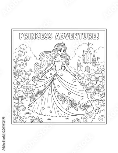 Cute Cartoon Princess with Long Wavy Hair Coloring Page for Kids. Simple Character Outline Illustration for Children.