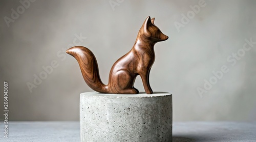 Wooden Fox Sculpture Sitting on Concrete Cylinder Against Neutral Background