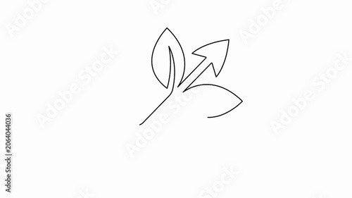 Leaf and arrow outline icon animation drawn in a single line art style on white background