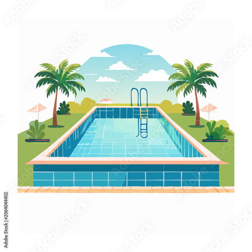 Flat design swimming pool with palm trees and house