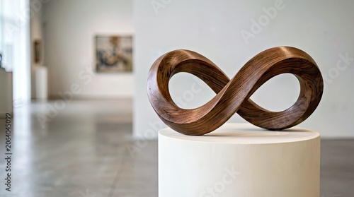 Wooden Infinity Symbol Sculpture on White Pedestal