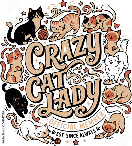 Crazy cat lady official member badge with cartoon cats and text