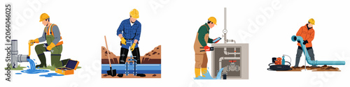 Professional plumbers and utility workers repairing water leaks, installing pipes, and maintaining infrastructure in various settings, set of flat vector illustrations.
