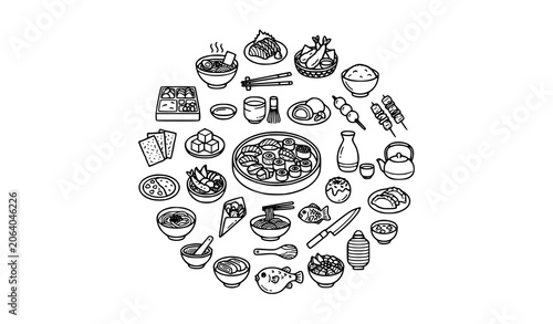 Bild auf Leinwand Japanese Cuisine Line Icon Pack with Sushi Ramen Seafood and Traditional Dining