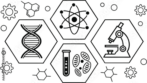 Cuadro en lienzo Scientific icons and molecular structures black line art on a white background a