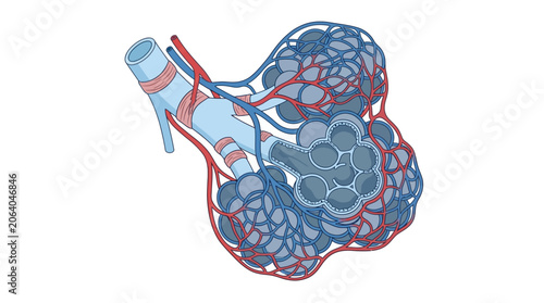 Canvastavla Detailed anatomical illustration of a human lung with blood vessels and bronchi on a white background