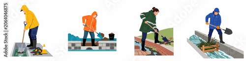 Photography A set of four vector illustrations showing utility workers in rain gear clearing drains and water channels to prevent flooding