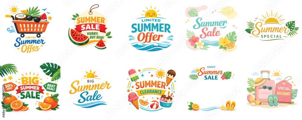 Fototapeta premium Summer sale banner vector. Summer theme. Vector, illustration, minimalist, flat, icon, icon set
