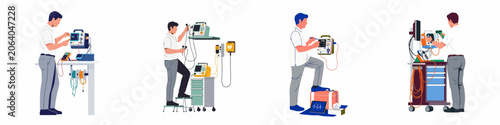 Foto Collection of flat vector illustrations depicting a male biomedical technician repairing, testing, and maintaining various medical equipment including defibrillators and patient monitors