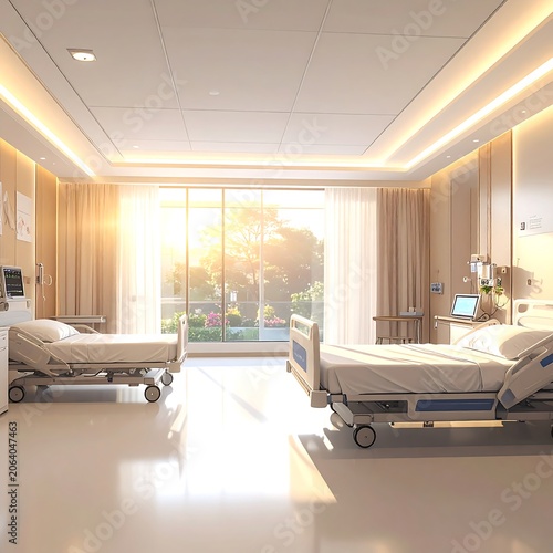Sunlit Modern Hospital Room with Empty Beds Near Large Window