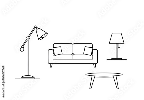 A minimalist black and white furniture-themed vector icon set, featuring a sofa with cushions, an oval coffee table, a floor lamp, and a table lamp.