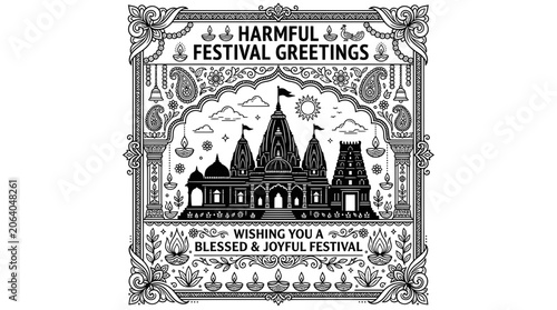 Quadro su tela Ornate hindu temple silhouette greeting with traditional diya lamps