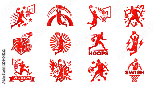 Obraz na plátně Red basketball sports emblems featuring players dunking and dribbling