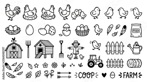 Foto Chicken coop and poultry farm doodle icon collection