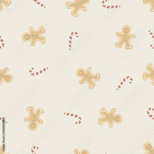Minimalist scandi gingerbread man seamless pattern. Cute cottagecore christmas candy cane vector background on warm linen. 