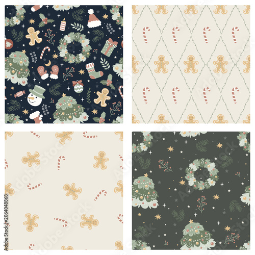 Premium christmas seamless pattern bundle. Minimalist scandi holiday vector background set with cottagecore gingerbread man, winter pine tree, snowman and argyle grid rhombs. 