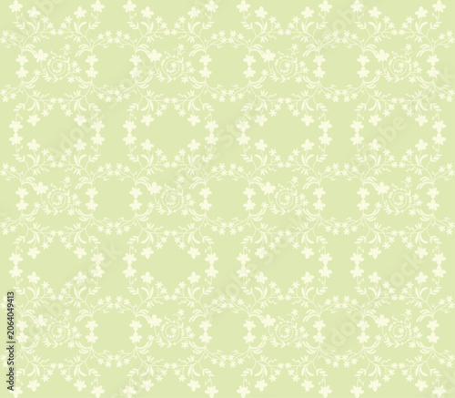 Seamless vintage floral pattern with delicate white botanical motifs on a pale yellow background. Elegant repeating lattice design for textile, fabric, wallpaper, wrapping paper  spring decor