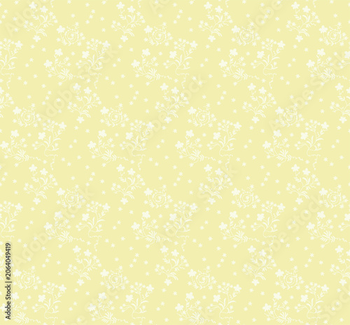 Seamless vintage floral pattern with delicate white sprays and stars on pale yellow. Romantic folk art design for textile, fabric, wallpaper, wrapping paper  spring decor
