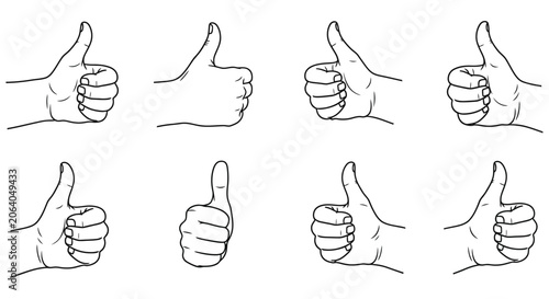 Konstfotografi Collection Of Hand Gestures Eight Line art Thumbs up Signs On White Background