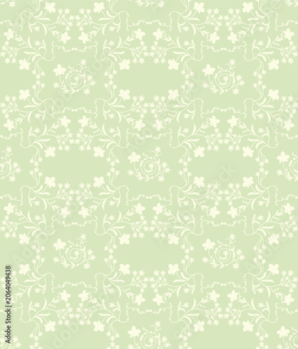 Seamless vintage floral pattern with white delicate sprays on pastel mint green. Folk art embroidery style for textile, fabric, wallpaper, wrapping paper  spring decor