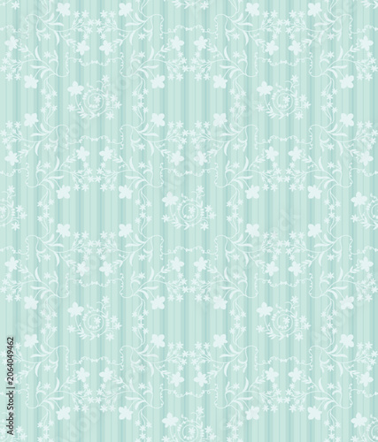 Seamless vintage floral pattern with delicate white vines on pastel blue vertical stripes. Romantic folk art design for textile, fabric, wallpaper, wrapping paper spring decor