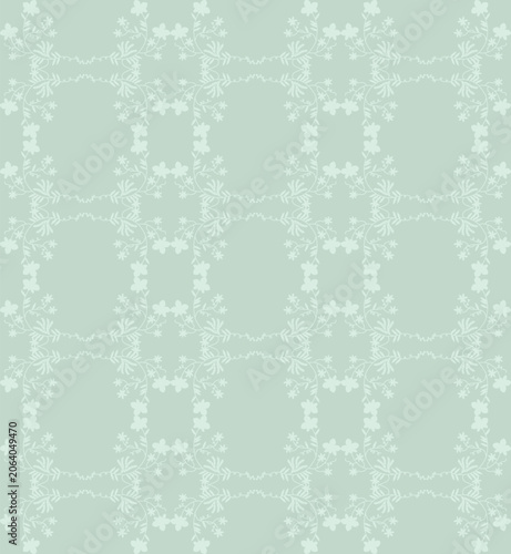 Seamless vintage floral pattern with delicate white vines and blossoms on a soft mint green background. Elegant lattice design for textile, fabric, wallpaper, wrapping paper  spring decor