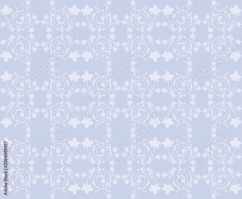 Seamless vintage floral pattern with delicate white vines and blossoms on a soft pastel lavender background. Elegant lattice design for textile, fabric, wallpaper, wrapping paper  spring decor