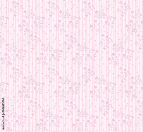 Seamless vintage floral pattern with delicate white sprays and stars on soft pastel pink vertical stripes. Romantic folk art design for textile, fabric, wallpaper, wrapping paper spring decor.