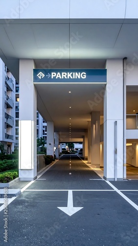 Modern Covered Parking Entrance with Directional Arrow in Residential Building Complex