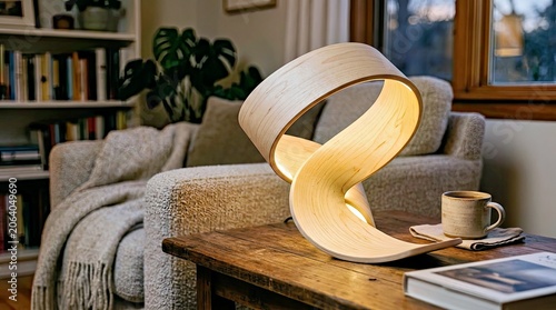 Wooden Spiral Lamp With Warm Glow on Rustic Coffee Table