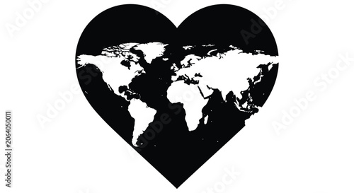 World map silhouette inside a heart shape black and white graphic