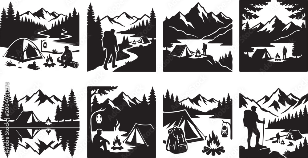 Fototapeta premium Camping icons, outdoor adventure symbols, black silhouette graphics, vector illustrations