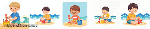 Vector of a little boy playing in the sand on the beach. Summer theme. Vector, illustration, minimalist, flat