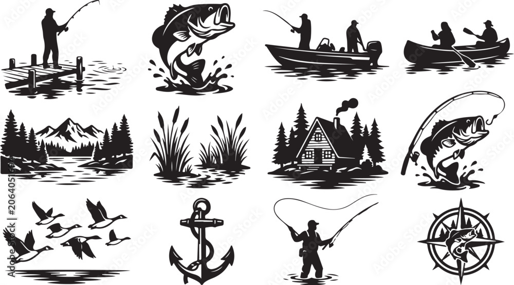 Obraz premium Fishing, boat, outdoor icons set, black silhouette vector graphics, 12 elements