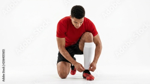 Soccer athlete preparing gear on white studio backdrop sharp focus for athletic performance marketing