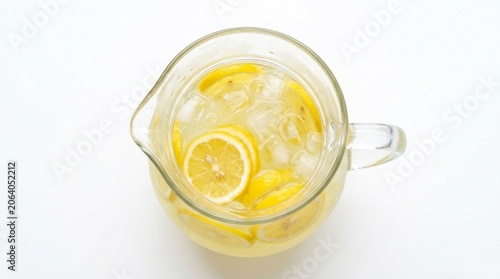 Lemonade pitcher with fresh citrus slices and ice on white background overhead minimalist shot for food and beverage marketing