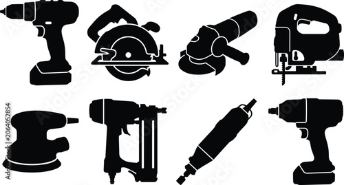 Tableau sur toile Power Tool Silhouette Vector Set with Construction and Workshop Equipment IconsP