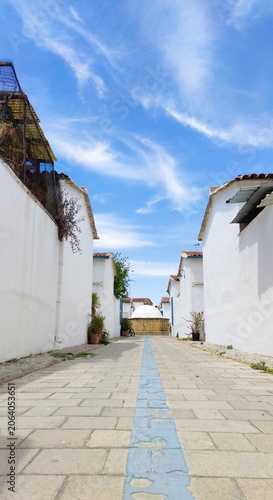 A low-angle vertical shot of Samanbahçe street in Nicosia, featuring historic white houses, a cobblestone path with a blue center line, and a bright blue sky.