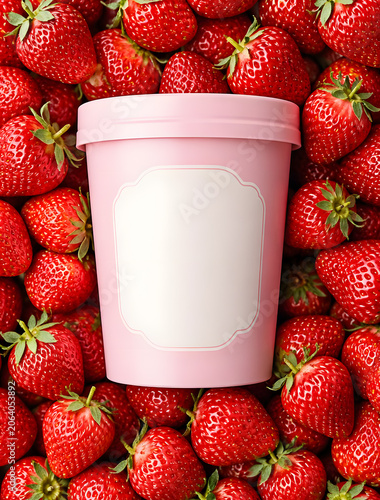 a ice cream container among of fresh strawberries